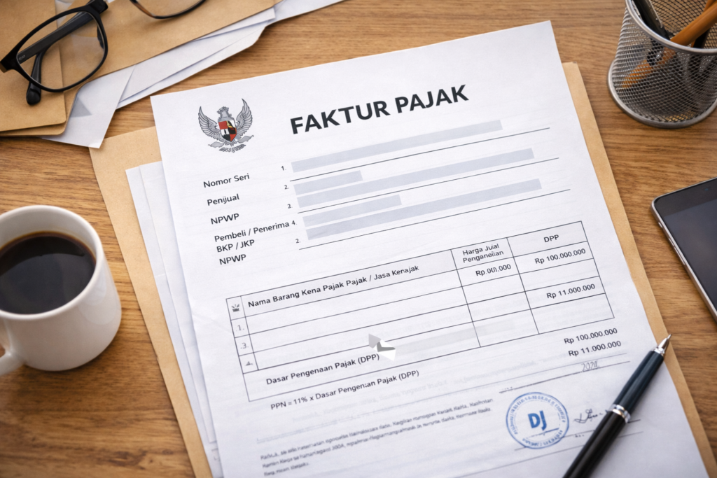 Indonesian tax invoice on wooden desk