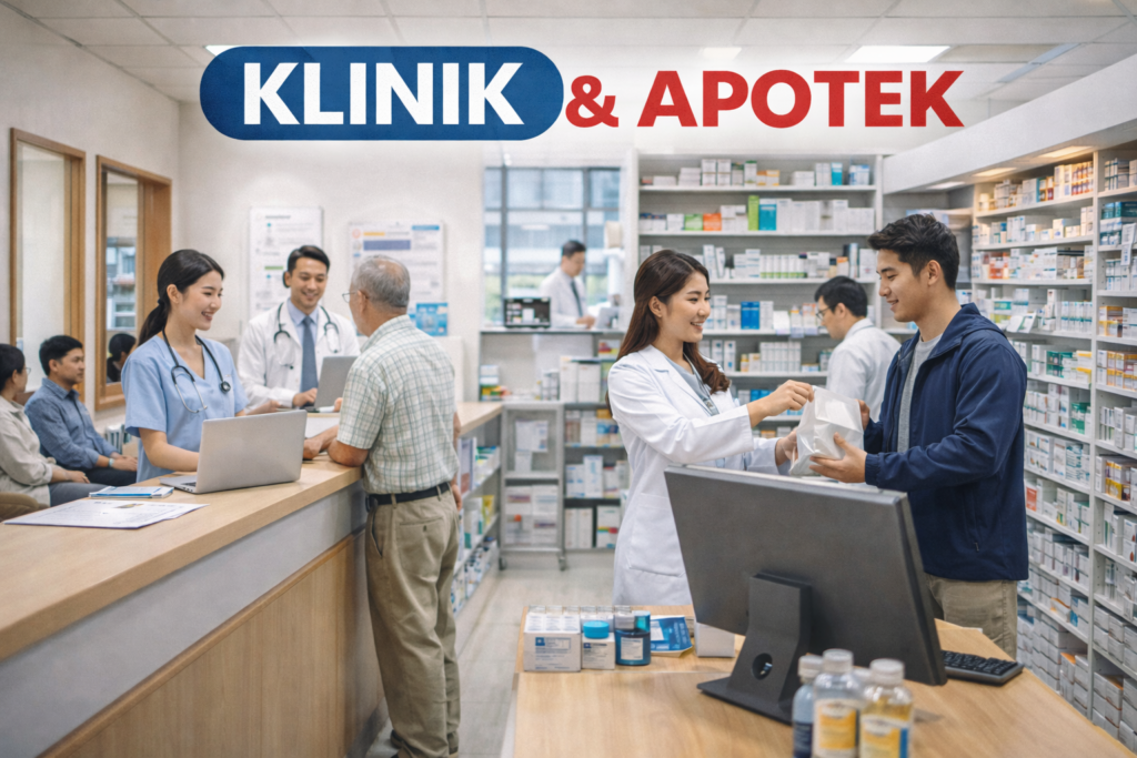 Klinik dan apotek modern di siang hari
